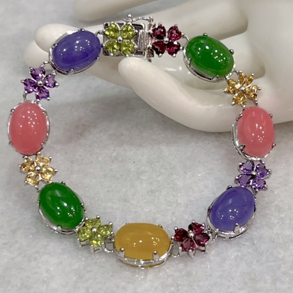 Multicolor Jade Multigemstone Floral Sterling Silver Bracelet